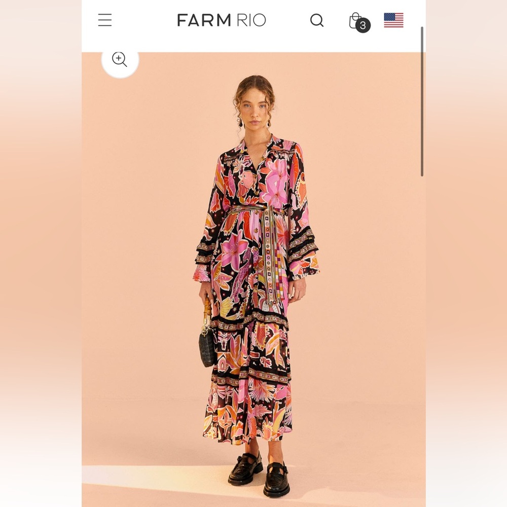 NWT Farm Rio Enchanted Nature Tiered Floral Maxi Dress in Black and Black